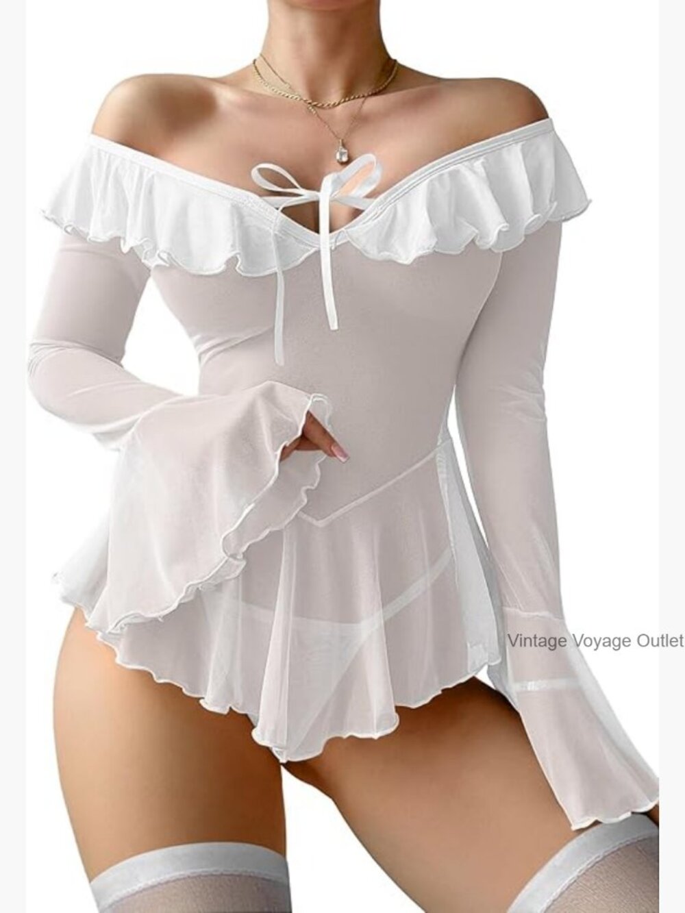 Sexy Sheer Mesh Babydoll Lingerie Set with Stockings & Thong - Picture 1 of 7